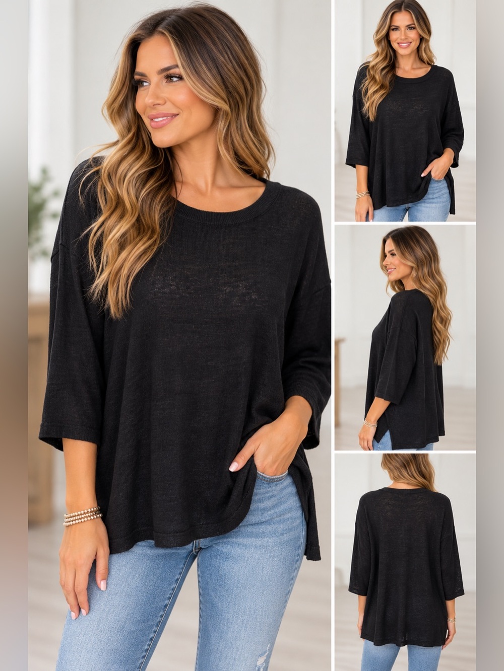Eileen Fisher linen Black Knit Top 3/4 Sleeve Casual Pullover size small